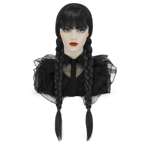 Puzgaqy Schwarze Perücke für addams Kostüm Perücke Damen mit Flechten Lang Geflochten Perücke für Halloween Fasching Karneval PU003BK