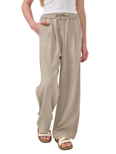 Image of Rolanko Girls Wide Leg Linen Pants Breathable Flowy Palazzo Trousers for School Beach Daily Wear 9-15 Years