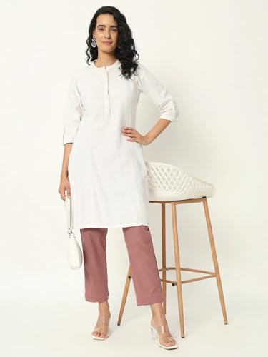 Image of Women's Solid Straight Fit 100% Cotton Trousers | High Waist, Side Pockets, Ankle Length Pants for Office, Casual