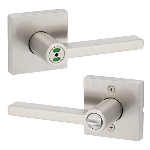 Image of Kwikset Halifax Vacant Occupied Bathroom Door Handle Lock, Privacy Door Lever with Indicator, Satin Nickel