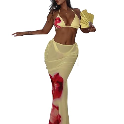 Womens 3 Piece Floral Print Swimsuit Halter Triangle Tie Side Bikini Sets with Cover Up Mesh Long Skirt