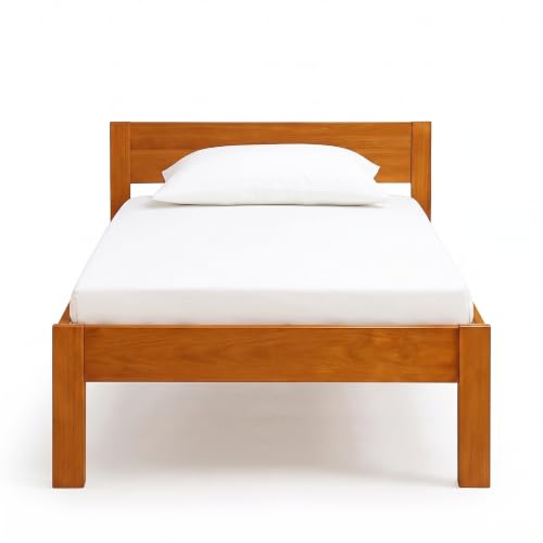 Image of Solid Wood Single Bed with Headboard, Teak finiish, 188 x 96.5 x 66 cm, No Tools Assembly,