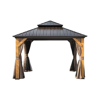 TREATLIFE HOME Versatile Outdoor Hardtop Gazebo with Cedar Wood Frame, 12'x12' Pavilion, Galvanized Steel Roof and Privacy Curtains, Brown