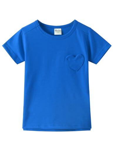 Image of Noomelfish Girls Short Sleeve Heart Pocket T-Shirts Casual Cotton Tee Tops Blouse (5-12 Years)
