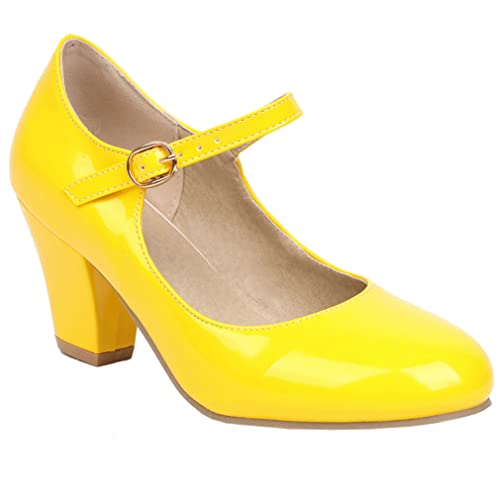 LUXMAX Women Patent Leather Mary Janes Block High Heel Pumps Closed Toe Chunky Heel Pumps2