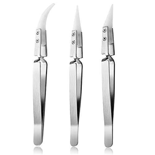 3pcs Reverse Ceramic Stainless Steel Tweezers,Anti-Magnetic Pointed & Curved Tips Tweezers Set for Non-Conductive, Heat-resistant Tweezers Soldering Tool