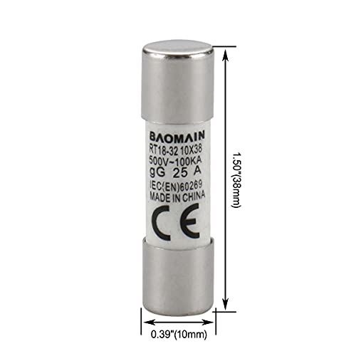 Baomain Fuse Link Rt18-32 (Ro15 Rt14 Rt19) 25A Cylindrical Ceramic Tube 10X38Mm 500V 100Ka Ce Listed Pack Of 20 #TOP4