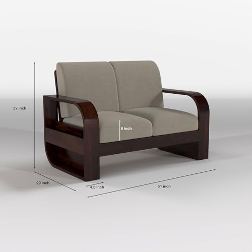 Image of Solid Sheesham Wooden 6 Seater Sofa Set Without Coffee Table with Light Taupe Cushion for Living Room Furniture - Walnut Finish (3+2+1)