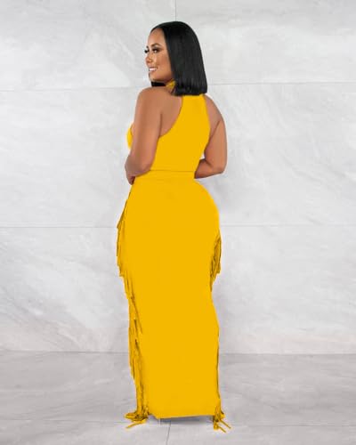 Image of 2 Piece Outfits for Women Sexy Halter Neck Sleeveless Crop Tops Ruched Bodycon Dresses Jumpsuits Fringe Skirt Sets