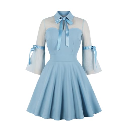 Wellwits Womens Keyhole Mesh Bell Sleeve Vintage Skater Dress Light Blue L