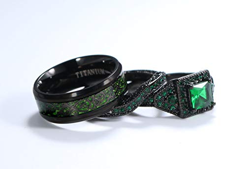 ringheart 2 Rings His and Hers Rings Black Plated Couple Rings Princess cut 6mm Green Cz Womens Wedding Ring Sets Titanium Steel Mens Wedding Bands3