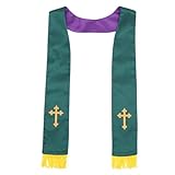 KOMBIUDA Étole de clergé réversible avec pompon - Écharpe brodée d'une croix - Accessoire de costume de pasteur ou de prêtre pour cérémonie religieuse ou mariage - Vert et violet