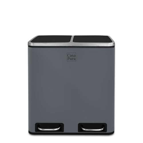 casa pura | Felix | Poubelle Tri Sélectif | Double Compartiment | Amortisseur de Fermeture | Pédales en Métal | Design Idéal pour Cuisine et Bureau | Gris...
