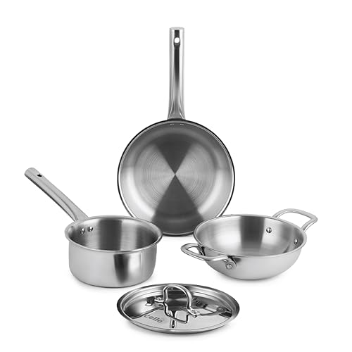 Image of Cello Divine 3-Piece Stainless Steel Meta Tuff Tri-Ply Cookware Set (20 cm Fry Pan, 20 cm Kadai with Steel Lid, and 16 cm Saucepan) | Heavy-Gauge 20 mm Base | Induction Compatible