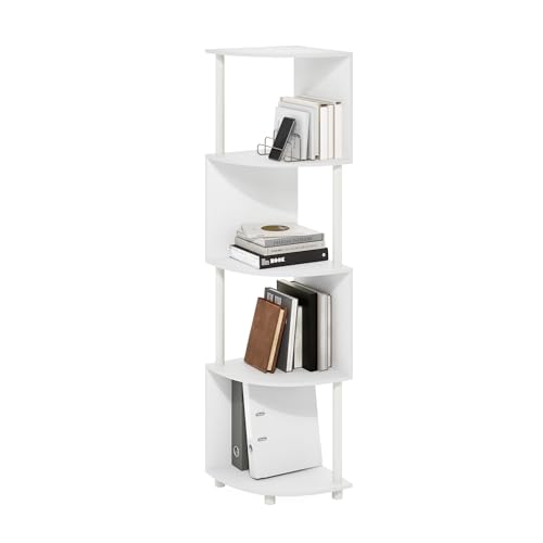 Image of Furinno ECON Corner Shelf, 4-Tier Corner Book Shelf, Zigzag Storage Shelves, Display Rack, Bookshelf, for Organization and Storage, Living Room, Home Office, White