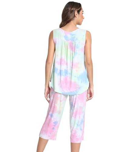 Image of NACHILA Pajamas for Women-Viscose Made from Bamboo, Sleeveless Pjs Top and Capri Pants Pajama Set Cool Pleated Sleepwear