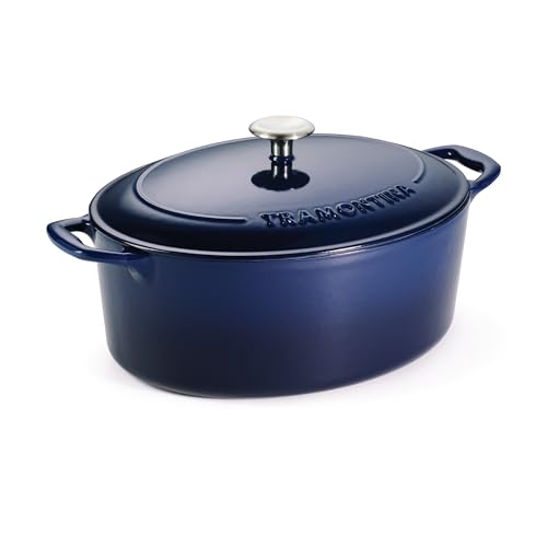 Image of TRAMONTINA Bestow Oval Dutch Oven 6.6L with Lid | Enameled Cast Iron Casserole Pot & Biryani Pot | Even Heat Retention | Low Oil Healthy Cooking | No Seasoning Required | All Cooktops Compatible | Blue