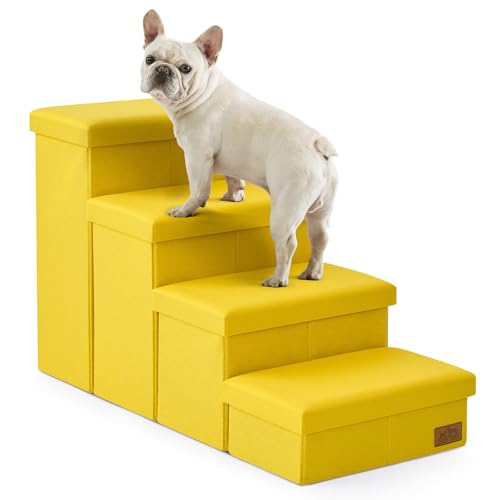Image of Dog Stairs with Storage, 4-Step Wider Sturdy Dog Steps for Small /Medium /Large Dogs and Older Cats, Folding Doggie Ramp for Bed /Couch /Car Hold Up to 180 lbs (22 inch H, Yellow)