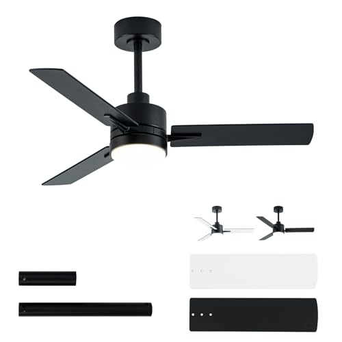 Image of LANMEL 42 Inch Metal Ceiling Fan with Light, Modern Flush Mount Low Profile with Remote Control, Reversible, 3cct Dimmable, Quiet, Black LED for Bedroom, Living Room, Indoor /Outdoor Patio Use
