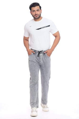 Image of Men's Denim Joggers, Regular Fit, Mid Rise, Stretchable Cotton Blend, Drawstring Waist, Soft Fabric, Multiple Pockets, Tapered Leg Casual Pants