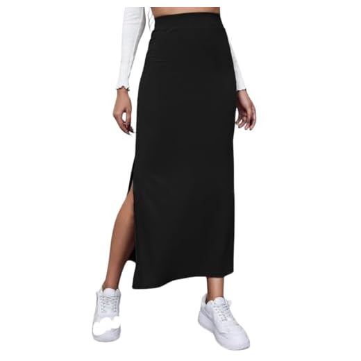 SheIn Women's High Waisted Split Thigh Rib Knit Long Maxi Bodycon Pencil Skirt Black Large