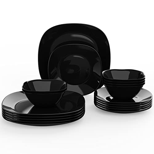 Black Dinnerware Set, Meky 18-Pcs Kitchen Dinner Set Service For 6, Safety For Microwave &Dishwasher ,Square Glass Plates,Dishes, Bowls Set #TOP1