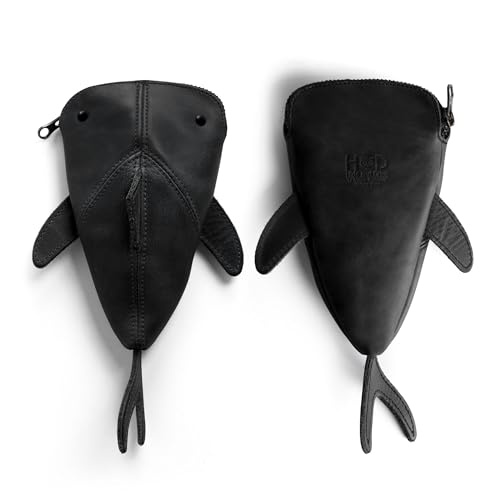 Image of Hide & Drink, Zippered Coin Pouch, Shark Shaped Case, Stuffed Animal, Bank, Change Bag, Pencil Purse, Shark Shaped Cable Holder, Full Grain Leather, Handmade Wallet, Charcoal Black