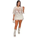 IMXPW Lace Jersey Shirts for Women Number Print Cute Summer Tops Casual Sheer Short Sleeve Oversized Tshirts Streetwear (A,Large)