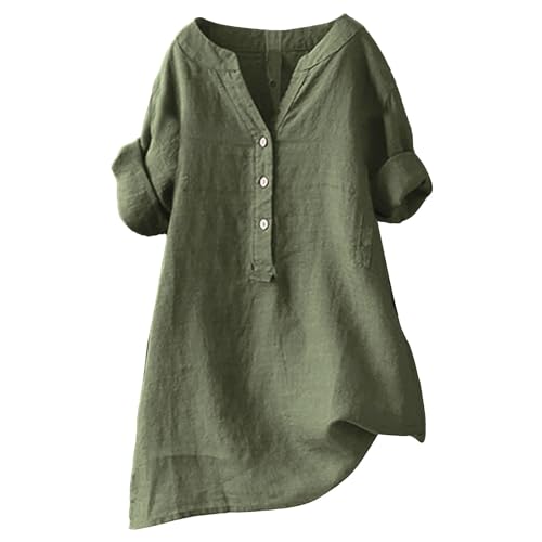 Women's Linen Button Down Shirts Short Sleeve V Neck Tshirts Light Weight Plain Blouses Casual Loose Fit Tunic Tops