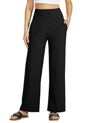 WILLIT Yogahose Damen Weites Bein Sporthose Hohe Taille Yoga Hosen Bauchkontrolle Schlaghose Freizeithose Frauen Jogginghose mit Taschen 30 Schwarz M