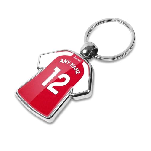 Graphics 'n' Tees Personalised football keyring suitable for Arsenal fans, featuring the 25/26 team shirt design, personalise with any name and number