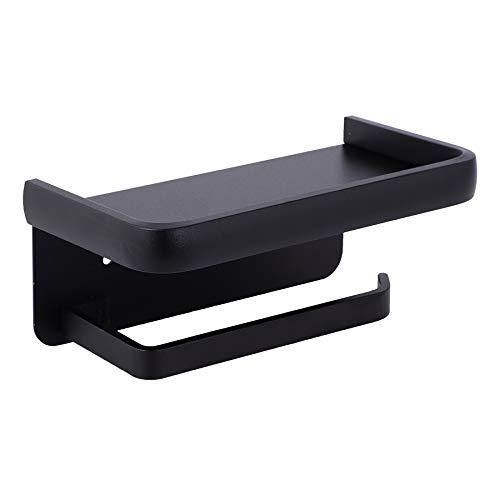 Zuzcher Portarrollo para Papel Higiénico con Estante de Almacenamiento para Celular Portarrollos Baño Montado en la Pared Aluminio Negro