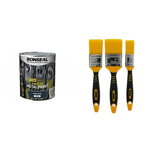RONSEAL Direct to Metal Paint Storm Grey Satin 750ml & Coral 31416 Zero Paint Brushes with No Loss of Bristle Paintbrush Heads 3 Piece Pack Set, Yellow, Set of 3