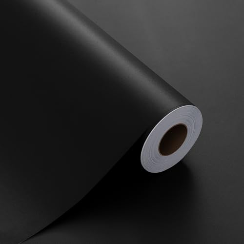 FUKU MON 24x394 Black Wallpaper Peel and Stick Black Contact Paper Matte Solid Textured Self Adhesive Removable Thick Vinyl Film Roll for Cabinets Bedroom Wall Decoration