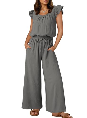 Dokotoo Jumpsuits for Women 2025 Summer Ruffle Sleeves Square Neck Rompers Drawstring Overalls with Pockets