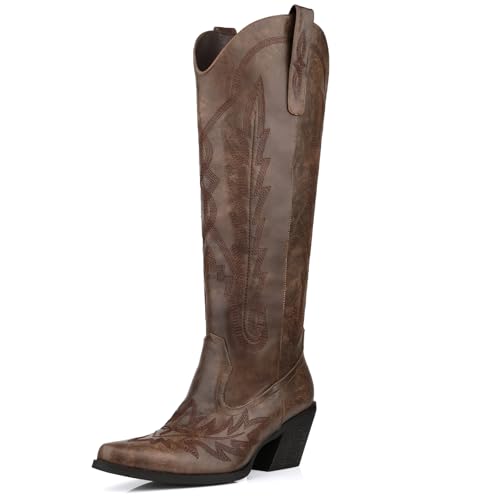 Knee High Cowgirl Boots Women Wide Calf Rhinestones Cowboy Boots Lady Pointed Toe Chunky Heel Embroidered Sparkly Boot With Side Half Zip Country Sparkle Boot Size 6-11