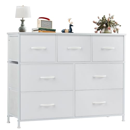 OLIXIS Dresser for Bedroom, 7 Storage Drawers, Wide Fabric Closet Chests Organizer Tower Furniture, TV Stand with Wooden Top Metal Frame for Clothes, Living Room, Hallway, Entryway, Classic White