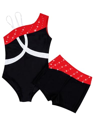 Gymnastics Leotards for Girls Oblique Shoulder Shiny Rhinestone Dancewear with Matching Shorts 2pcs Outfits Activewear3