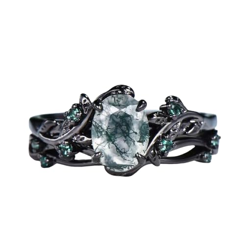 Black Gold Moss Agate Ring Set for Women, 10K 14K 18K Gold/925 Sterling Silver Vine Leaf Moss Agate Band Rings Bridal Wedding Ring Sets Gifts for Bride Wife