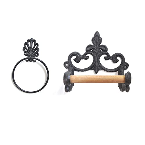 Tlily Black Toilet Roll Holder Towel Holder Set, Cast Iron Towel Ring Bathroom Toilet Paper Holder Wall Mounted Vintage Design