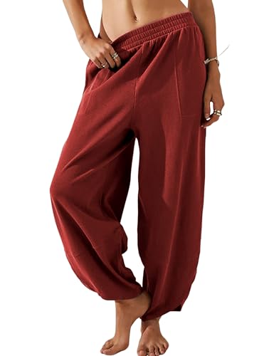 Image of Himosyber Women Cotton Pants Wide Leg Pants Casual Loose Baggy Elastic Waist Beach Palazzo Harem Pants