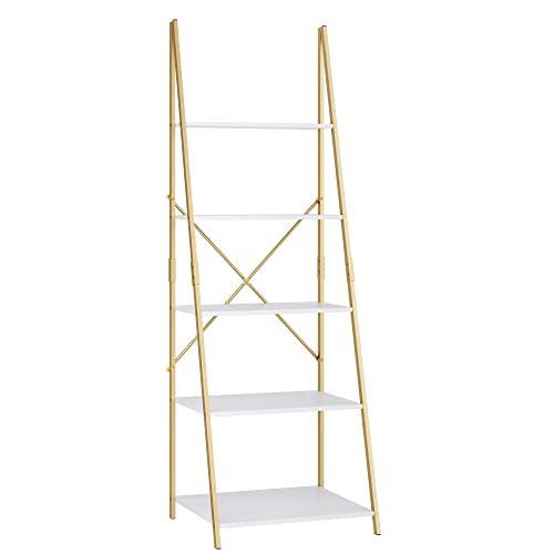 Finetones 5-Tier Ladder Shelf, Free Standing A-Shape Display Bookcase, Storage Organizer Unit With Metal Frame, Flower Stand Plant Rack For Living Room, Kitchen, Bathroom, Home Office, White/Gold #TOP6