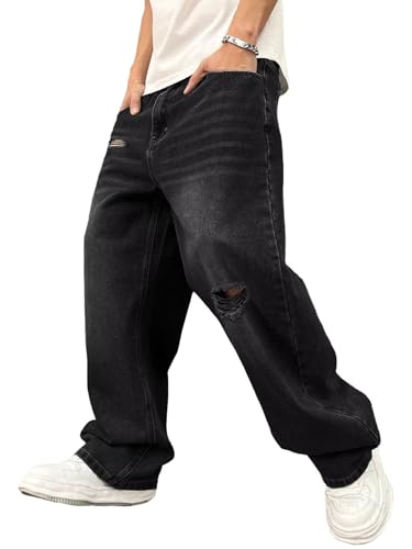 Image of ALLABREVE Men's Baggy Hip Hop Jeans Y2k Wide Leg Denim Pants Relaxed Fit Skater Trousers Streetwear