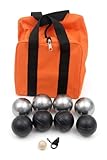 BuyBocceBalls Listing - 73mm Metal Bocce/Petanque Set with 4 Black and 4 Grind Sand Balls and Heavy Duty Orange Nylon Bag - Single
