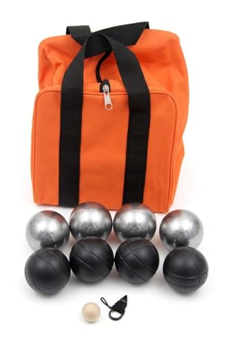 BuyBocceBalls Listing - 73mm Metal Bocce/Petanque Set with 4 Black and 4 Grind Sand Balls and Heavy Duty Orange Nylon Bag - Single