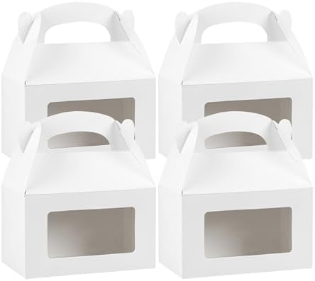 Restaurantware Gable Gift Boxes Pack of 100 Greaseproof Paper Treat Boxes 6 x 3.5 x 3.5 Inches With Window, Disposable Design White Containers for Weddings or Birthdays