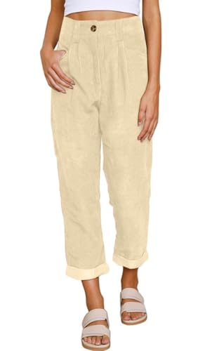 Yutdeng Pantalón de Pana Mujer Pantalones Largos Cintura Alta Elasticos con Bolsillos 3/4 Pantalones Pana Mujer Elegante Comodos Pierna Recto Vestir Pantalón Ancho Invierno Otoño,Beige,S