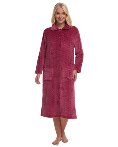 Suzy & Me Bata de forro polar suave en relieve con botones para mujer, Frambuesa, 40-42