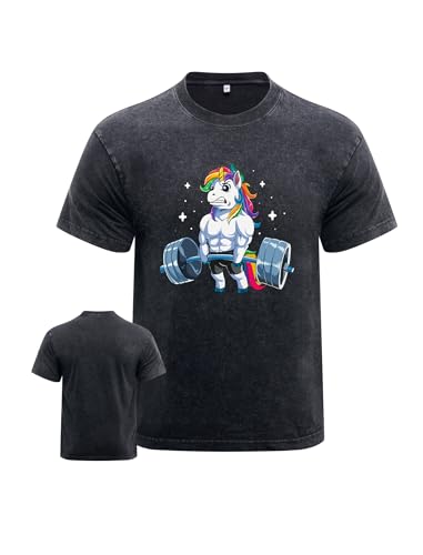 Washed Gym Shirt with Weightlifting Unicorn Design, Fitness Apparel for Men, Casual Athleisure Wear Black