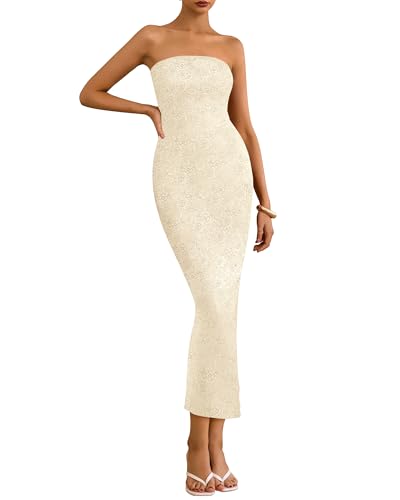 Image of BTFBM Women Strapless Lace Formal Maxi Dress Summer Bodycon Tube Back Slit Cocktail Vacation Beach Wedding Guest Dresses